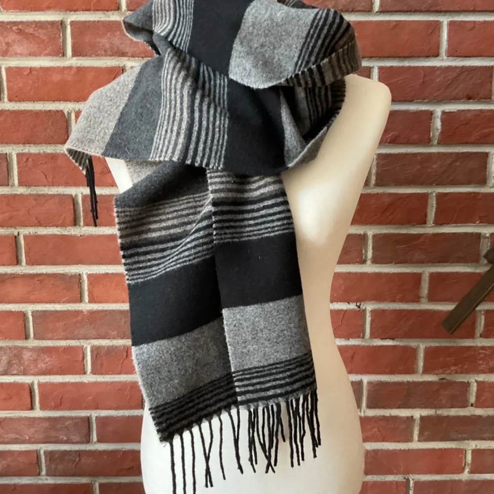 Hilary Radley Lambswool Black Grey Stripes Fringed Scarf 58”X12” Made in Italy